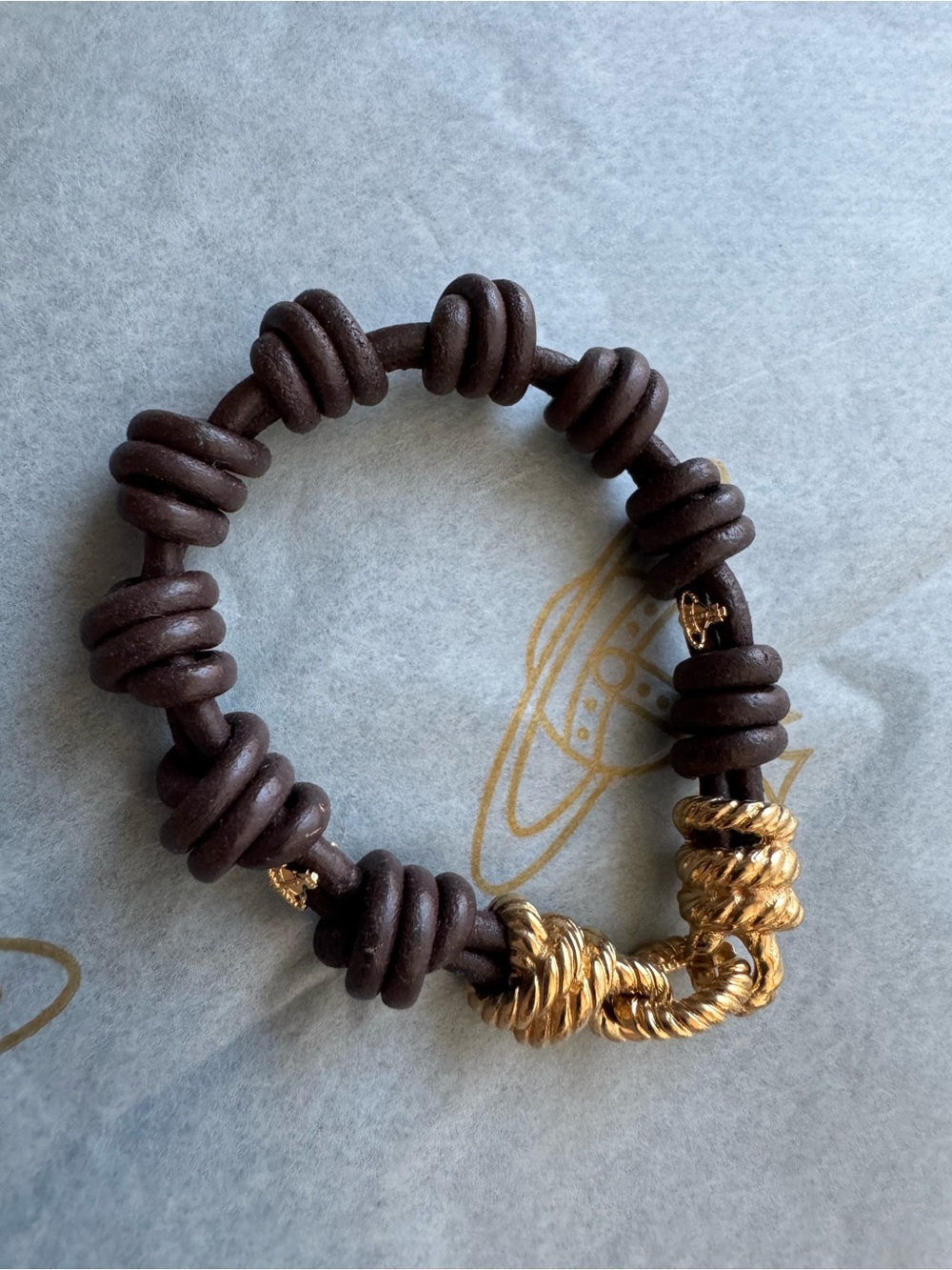 Vivienne Westwood Brown Leather Bracelet with Gold-Tone Knot Accent